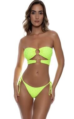 Luli Fama Brilla Double Loop Bandeau Crop Seamless Ruched Bottom Bikini New Med